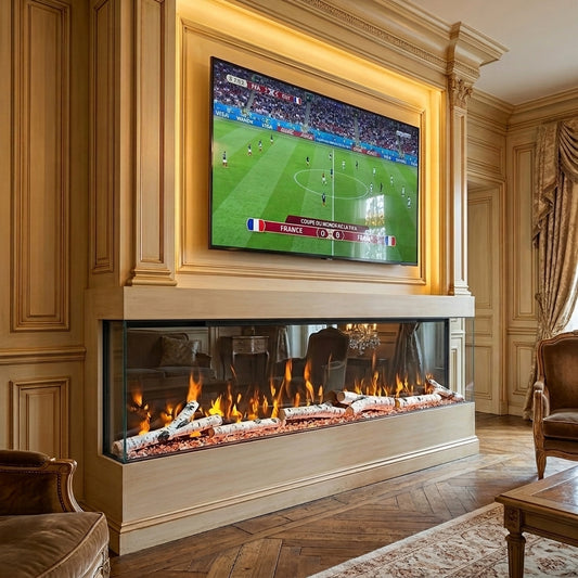 Slim electric fireplace in wooden mantel with glass front, faux logs and flames