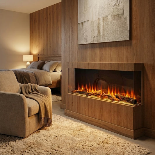 Wall-mounted electric fireplace with wood frame and flame display behind glass