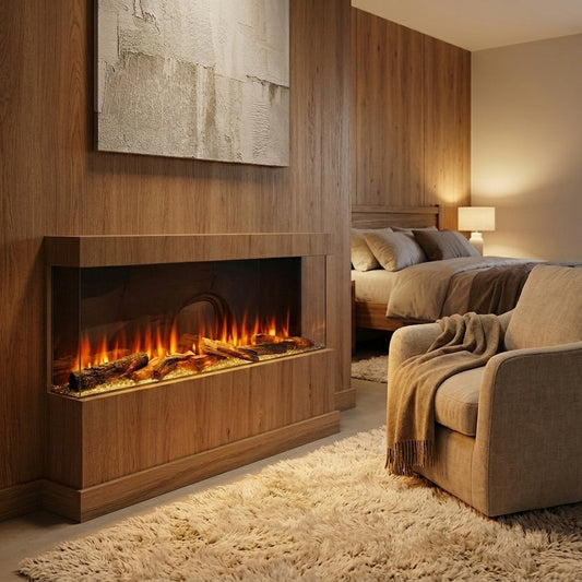 Wall-mounted electric fireplace with wood frame and flame display behind glass