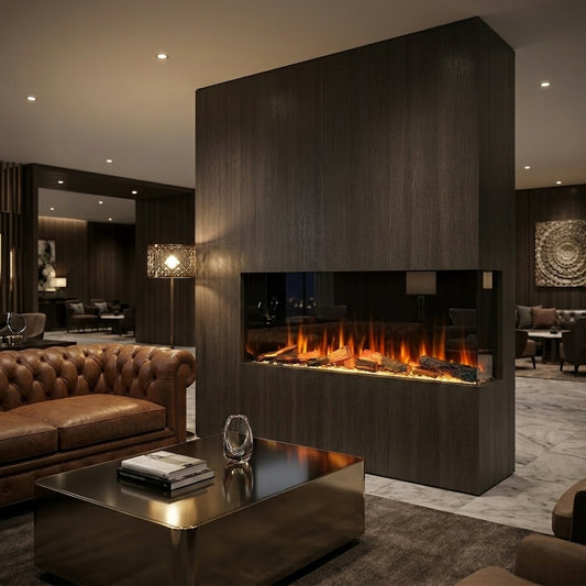 Electric fireplace in dark wood surround with burning logs behind glass