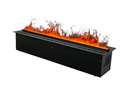 Long rectangular electric fireplace with 3D flame effect, black metal housing