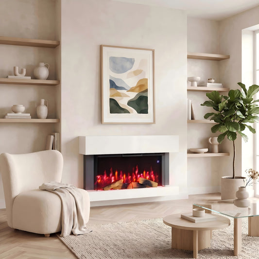 Wall-mounted electric fireplace with white mantel and dark glass window, red-orange flames