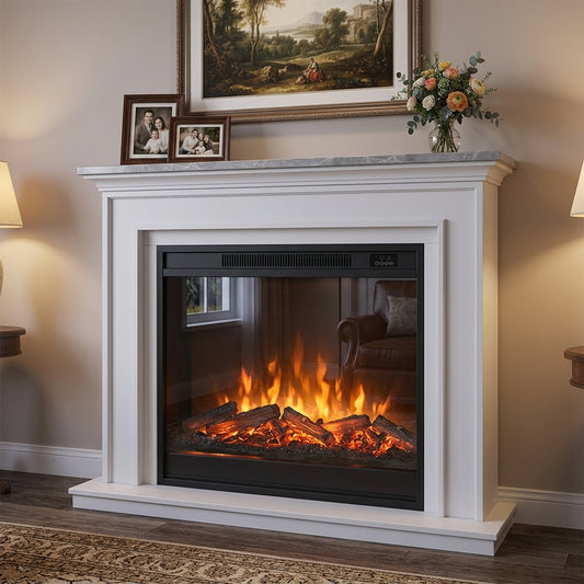 Electric fireplace with white mantel, black glass front, and flame log bed