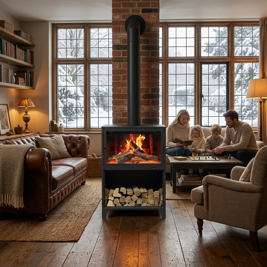 Freestanding electric fireplace, black frame with ember flames and stacked log-style pieces