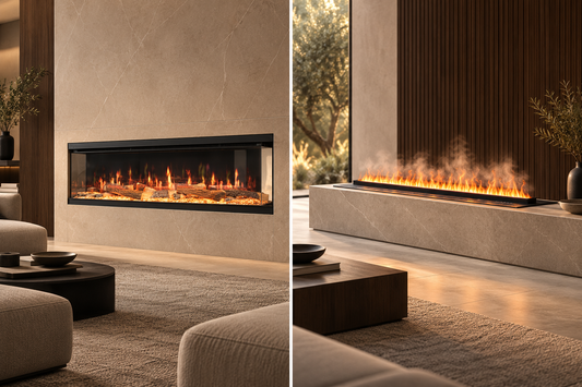 Architectural concepts based on SPZK Landscape and Aurora fireplaces, showing a glass-front unit and an open-top water vapor display