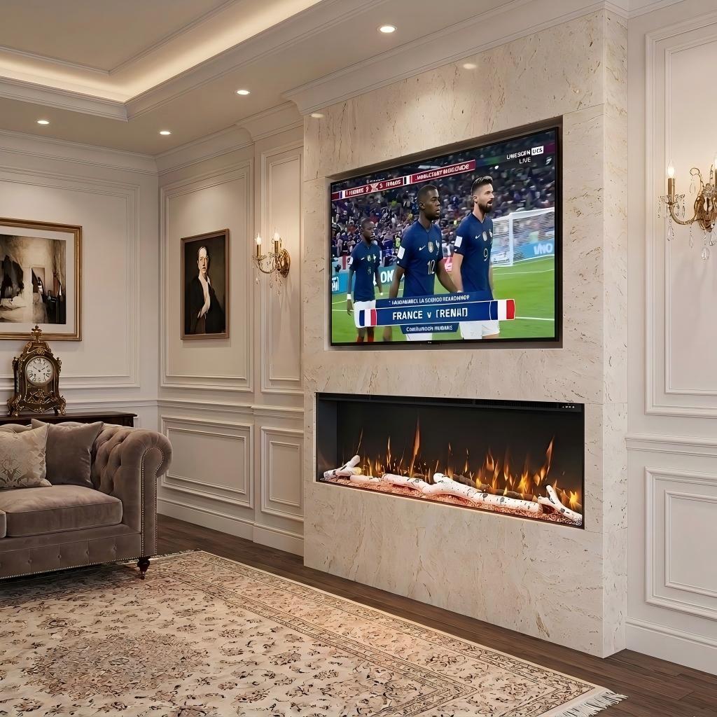Slim electric fireplace insert with glass front and glowing flame effect in wall niche