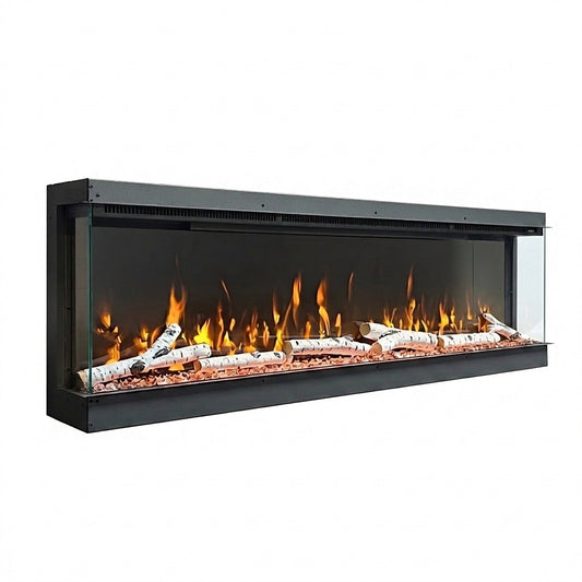 Black slim electric fireplace with glass front, faux logs and glowing flame effect