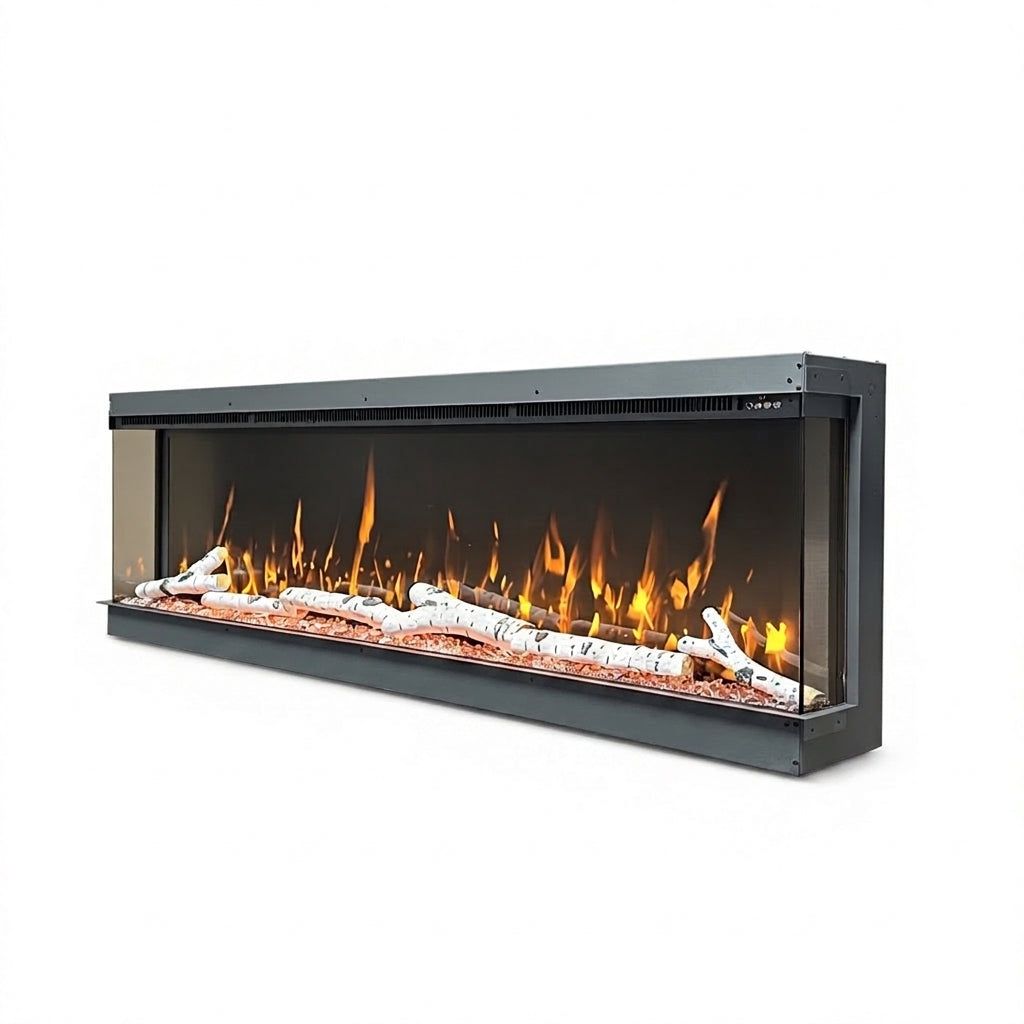 Black slim electric fireplace with glass front, faux logs and flame effect