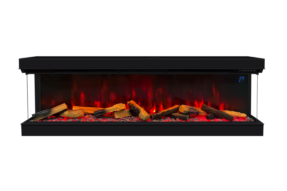 Black electric fireplace with red ember flames, stacked logs, and blue control glow