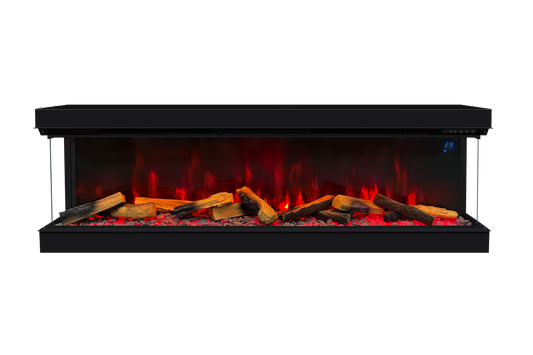 Black electric fireplace with red ember flames, stacked logs, and blue control glow