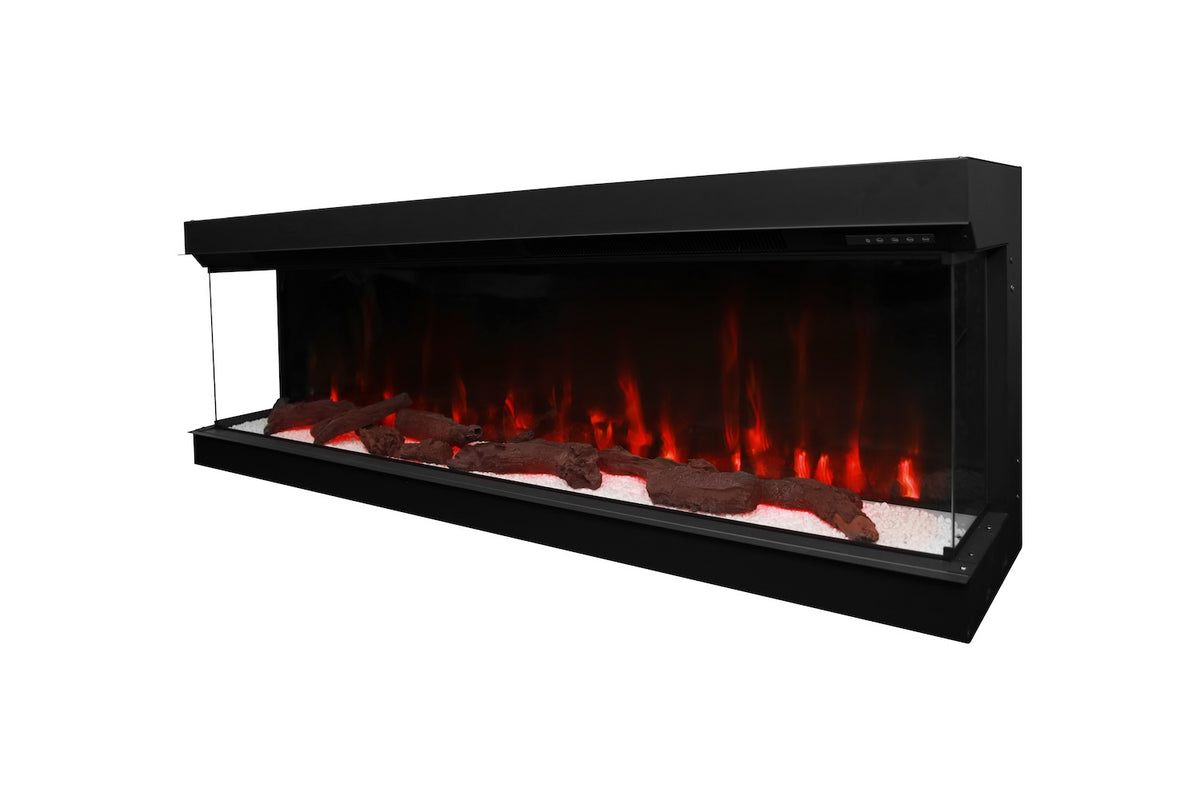 Black electric fireplace insert with open flame viewing window and glowing logs