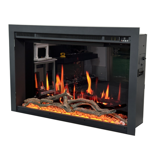Electric fireplace insert with black glass front and glowing flame log bed