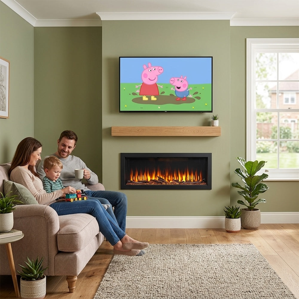Built-in electric fireplace with black firebox and ember flame display