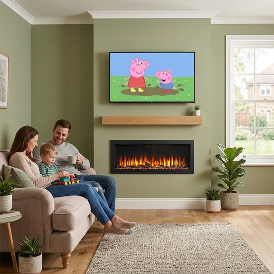 Built-in electric fireplace with black firebox and ember flame display