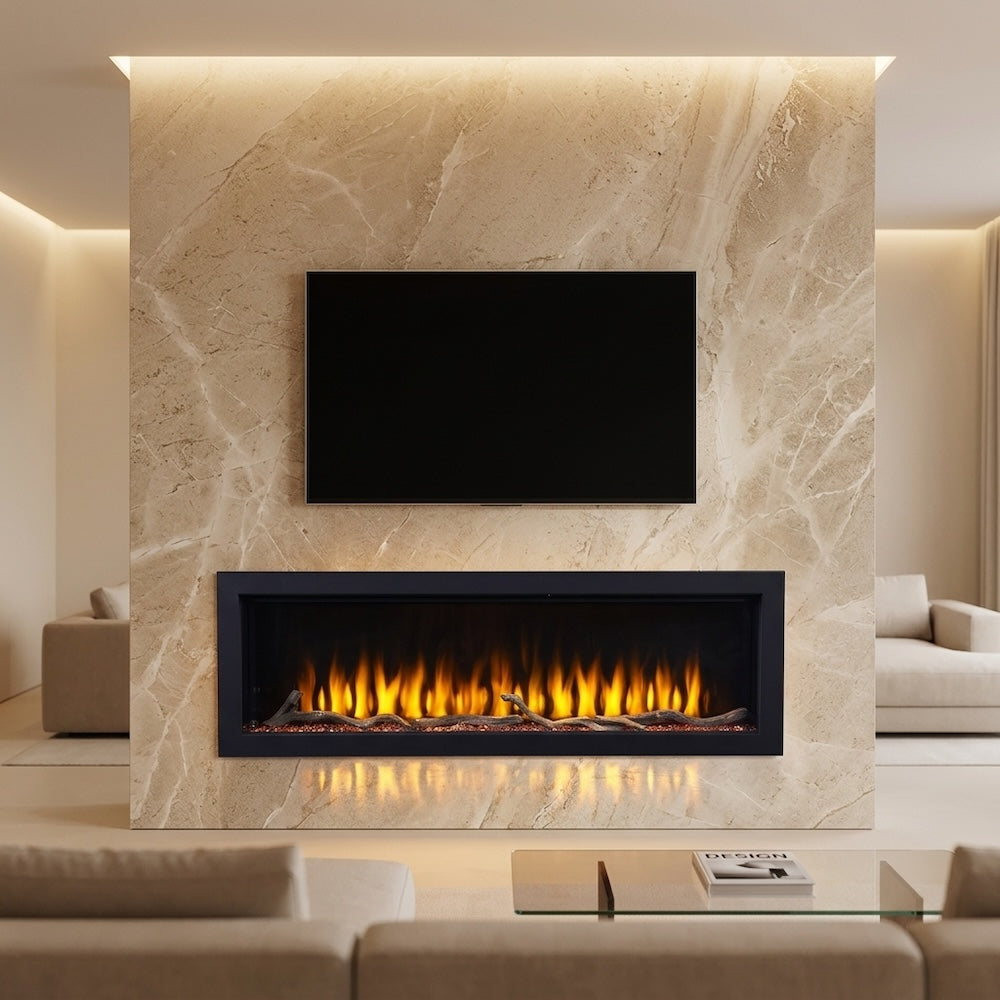 Built-in electric fireplace with black frame, marble surround, and flame window