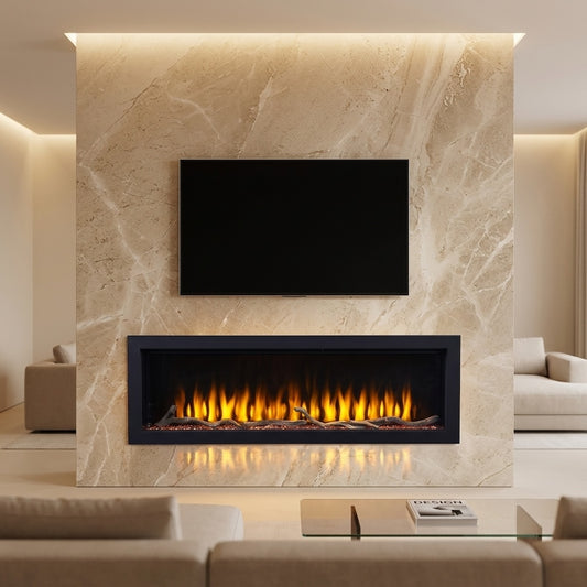 Built-in electric fireplace with black frame, marble surround, and flame window