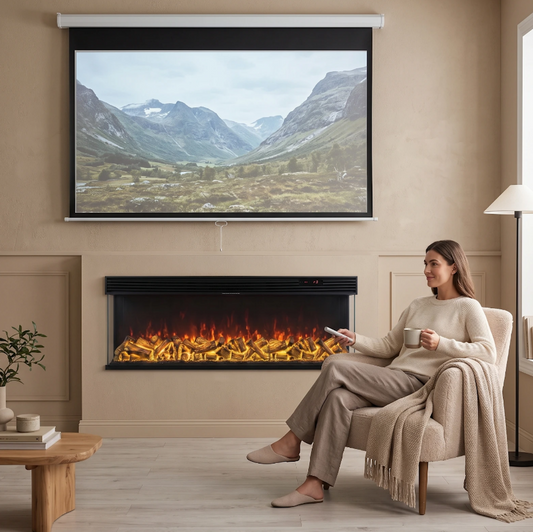 Three-sided glass electric fireplace with dark frame and glowing flame bed
