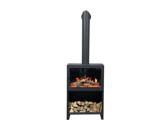 Freestanding electric fireplace with black frame, tall flue, glass flame window, logs