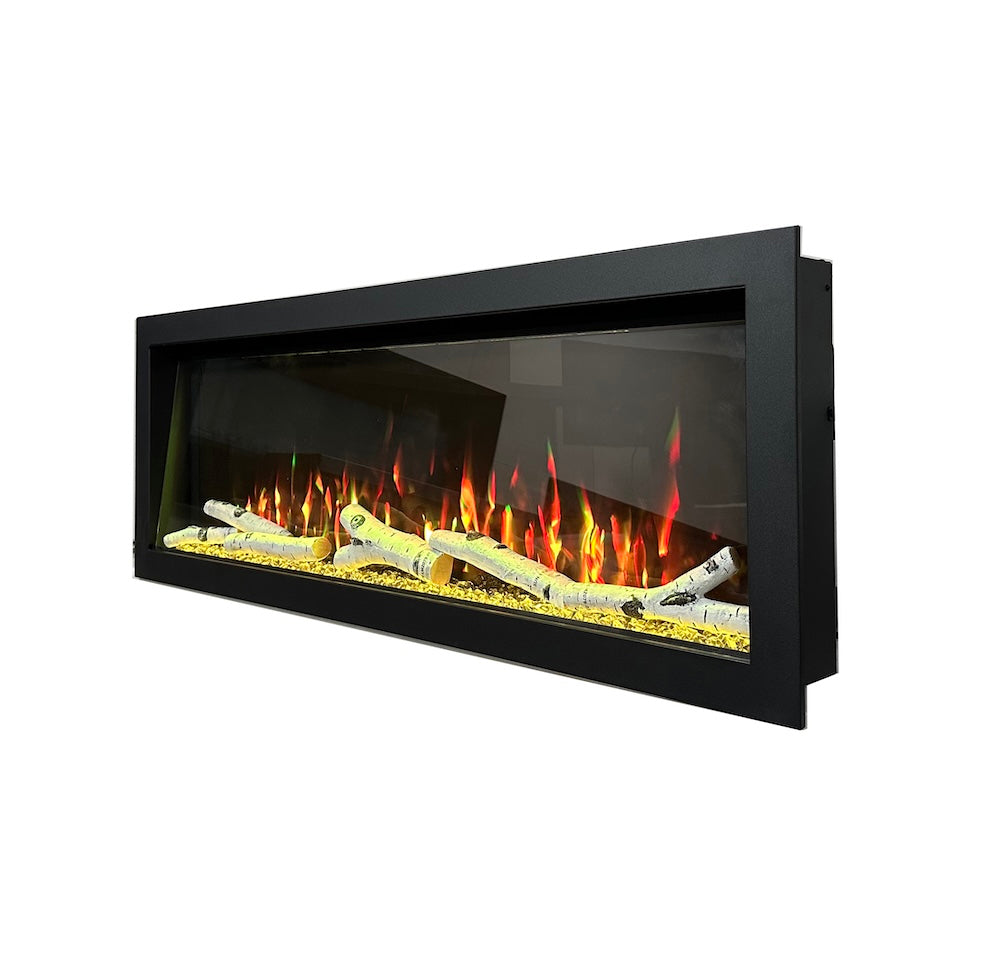 Electric fireplace insert with black frame and glass front showing flame bed