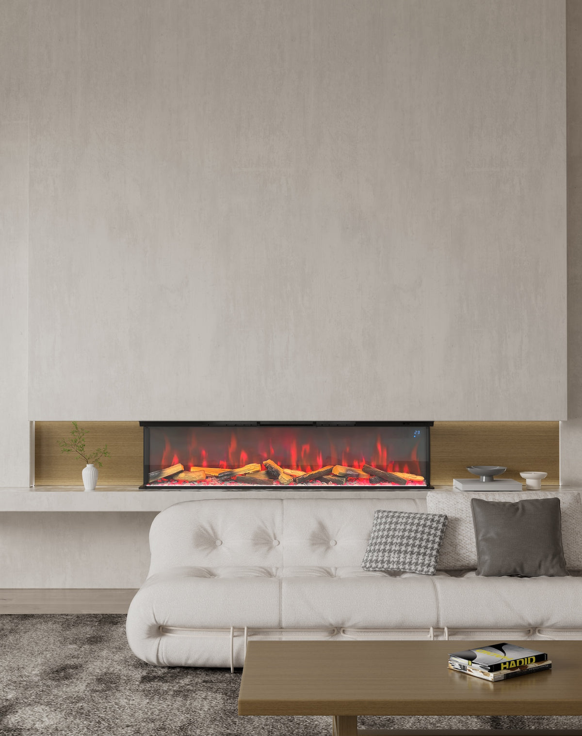 Black wall-mounted electric fireplace with flame and ember bed display