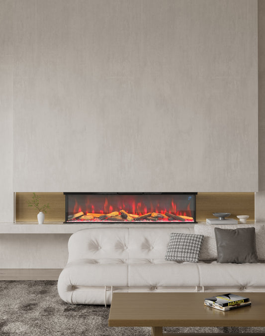 Black wall-mounted electric fireplace with flame and ember bed display