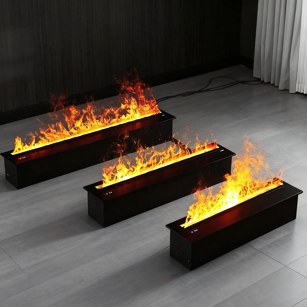 Three black electric fireplaces with 3D flame effect, rectangular burners
