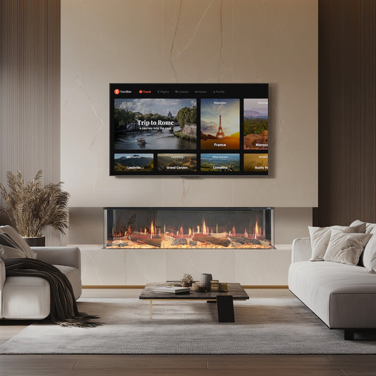 Wall-mounted linear electric fireplace with clear glass front and glowing flame display