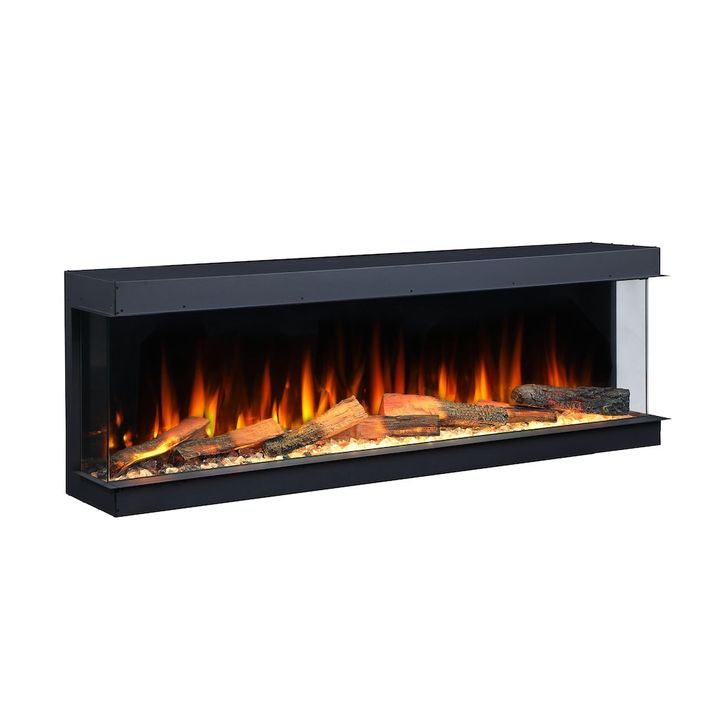 Electric fireplace with black glass front and glowing flame logs