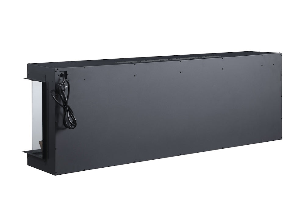 Black electric fireplace back panel with power cord outlet