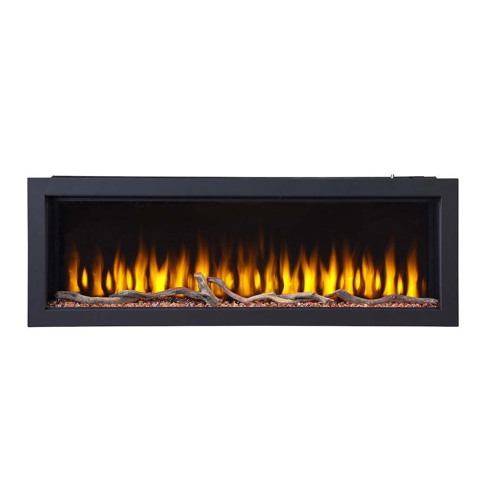 Electric fireplace insert with black frame and bright flame bed with logs