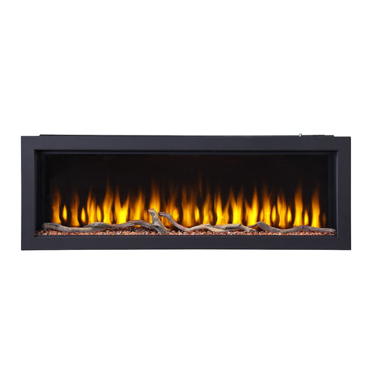 Electric fireplace insert with black frame and bright flame bed with logs