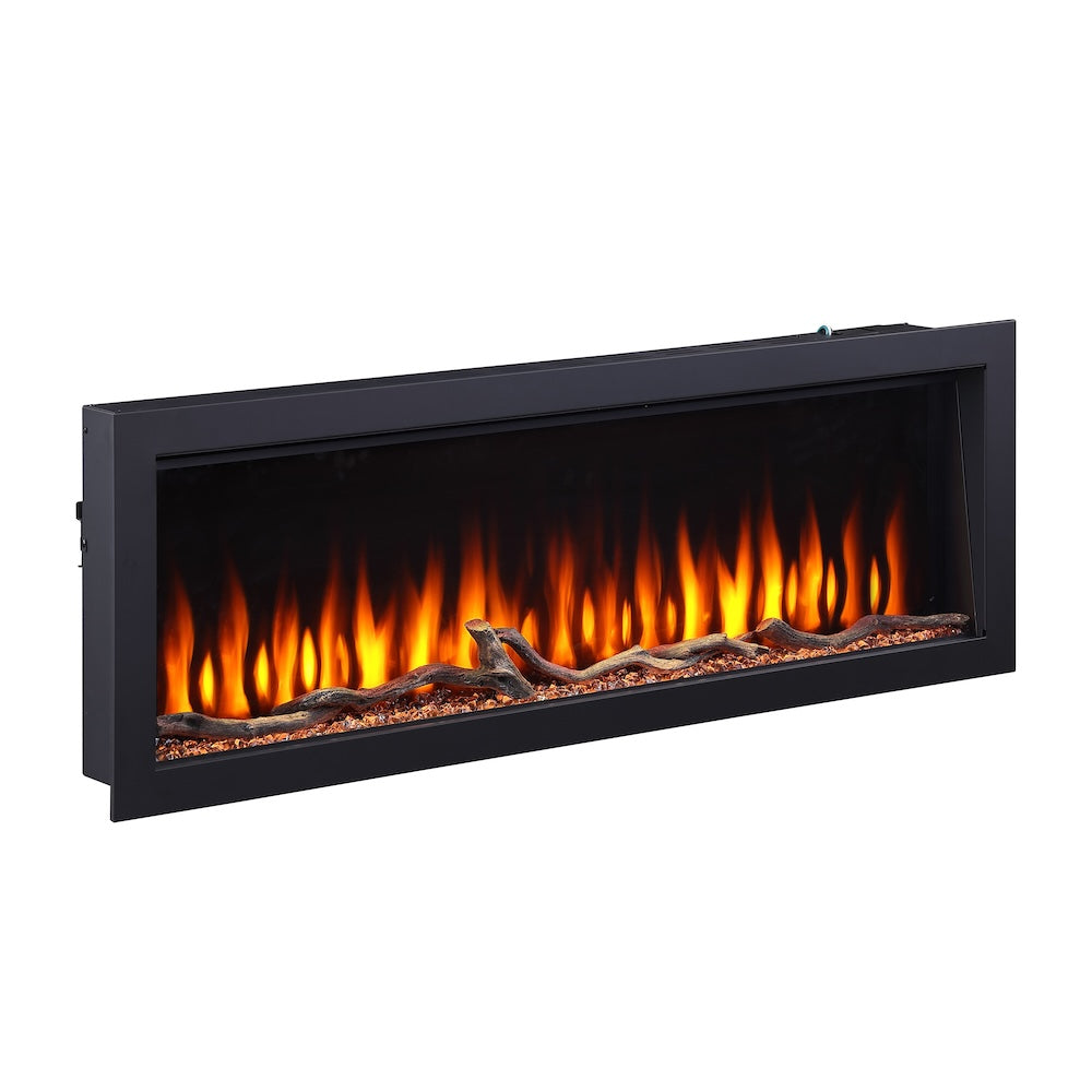 Electric fireplace with black front frame and glowing flame bed inside