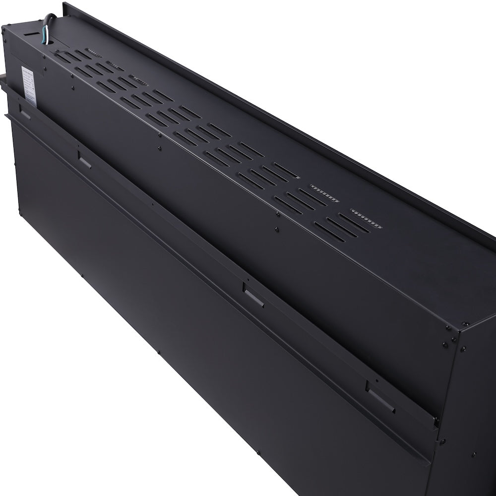 Electric fireplace housing with vented metal back and mounting brackets