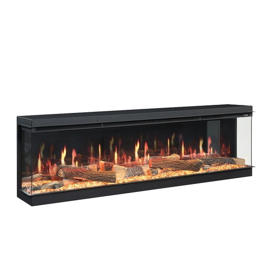 Black linear electric fireplace insert with glass front showing realistic flame and logs