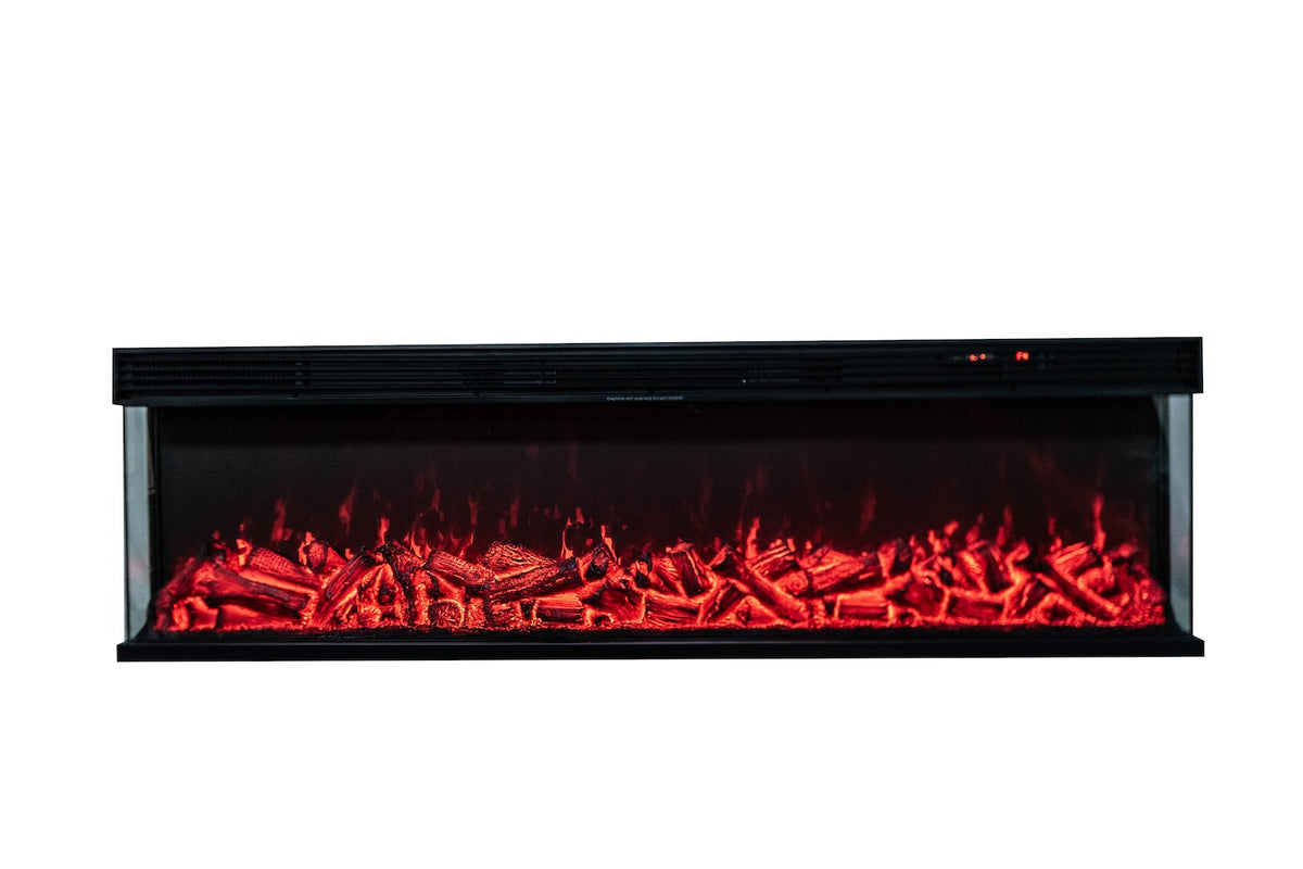 Three-sided glass electric fireplace front view with red flames and glowing logs
