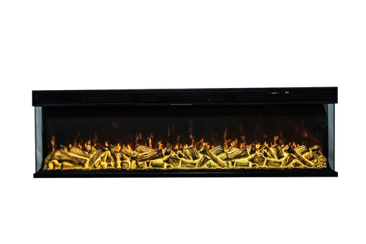 Three-sided glass electric fireplace front view with yellow-orange flames and logs