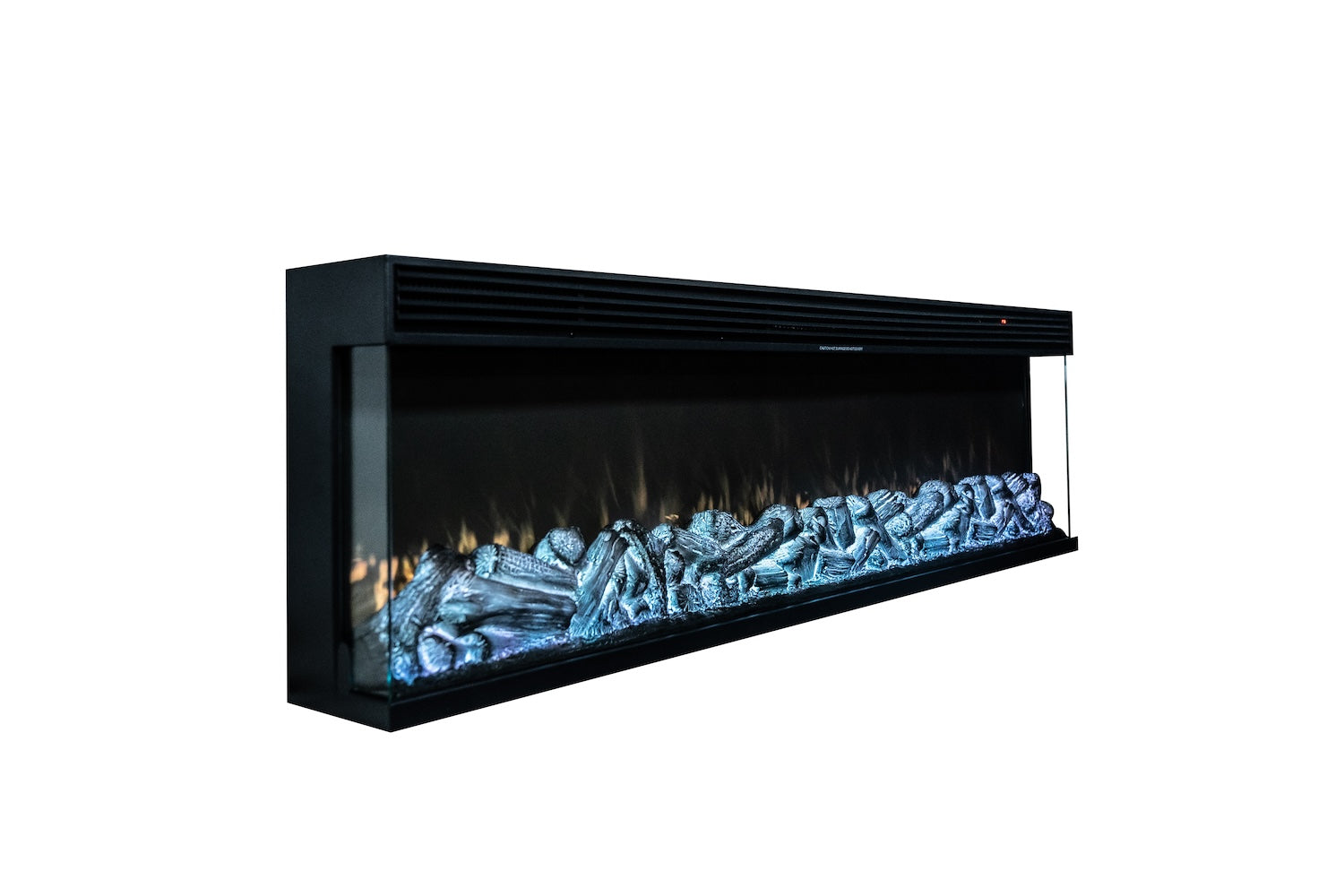 Three-sided glass electric fireplace with blue flame effect behind glass