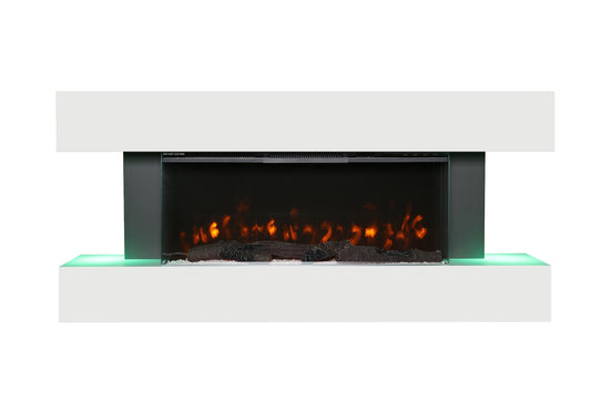 Wall-mounted electric fireplace, white mantel, dark flame window with orange LED fire