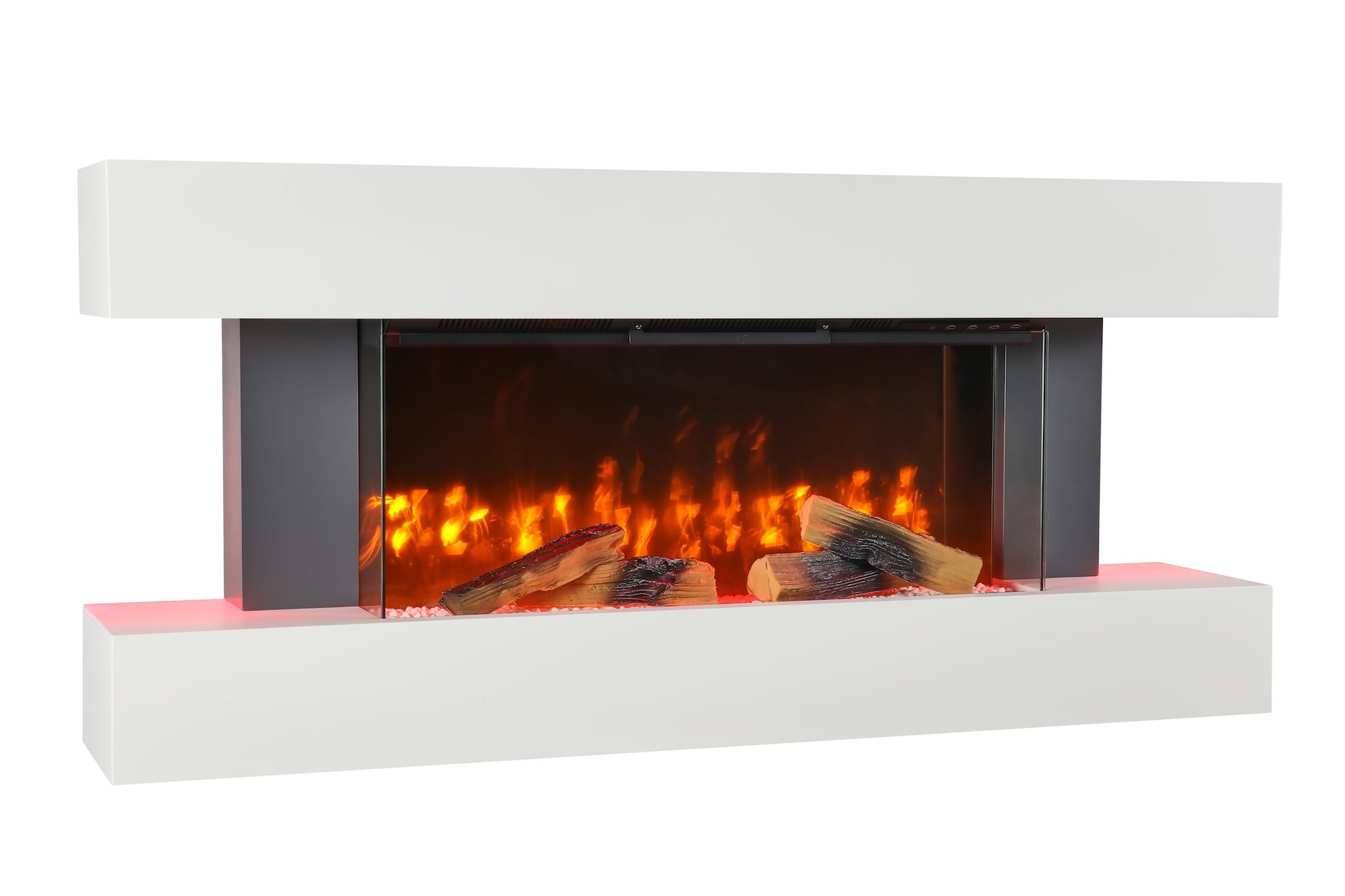 Wall-mounted electric fireplace with white frame and recessed firebox, ember bed flames