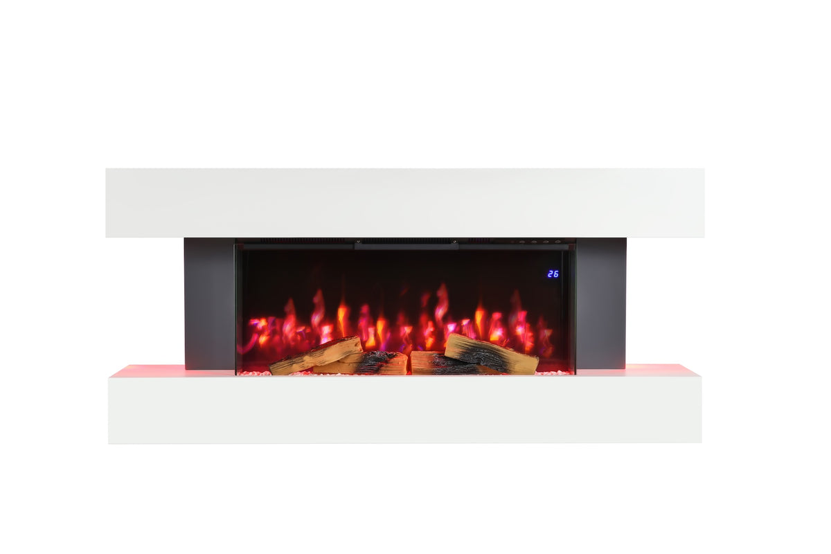 Wall-mounted electric fireplace with white mantel and dark glass window, red flame effect