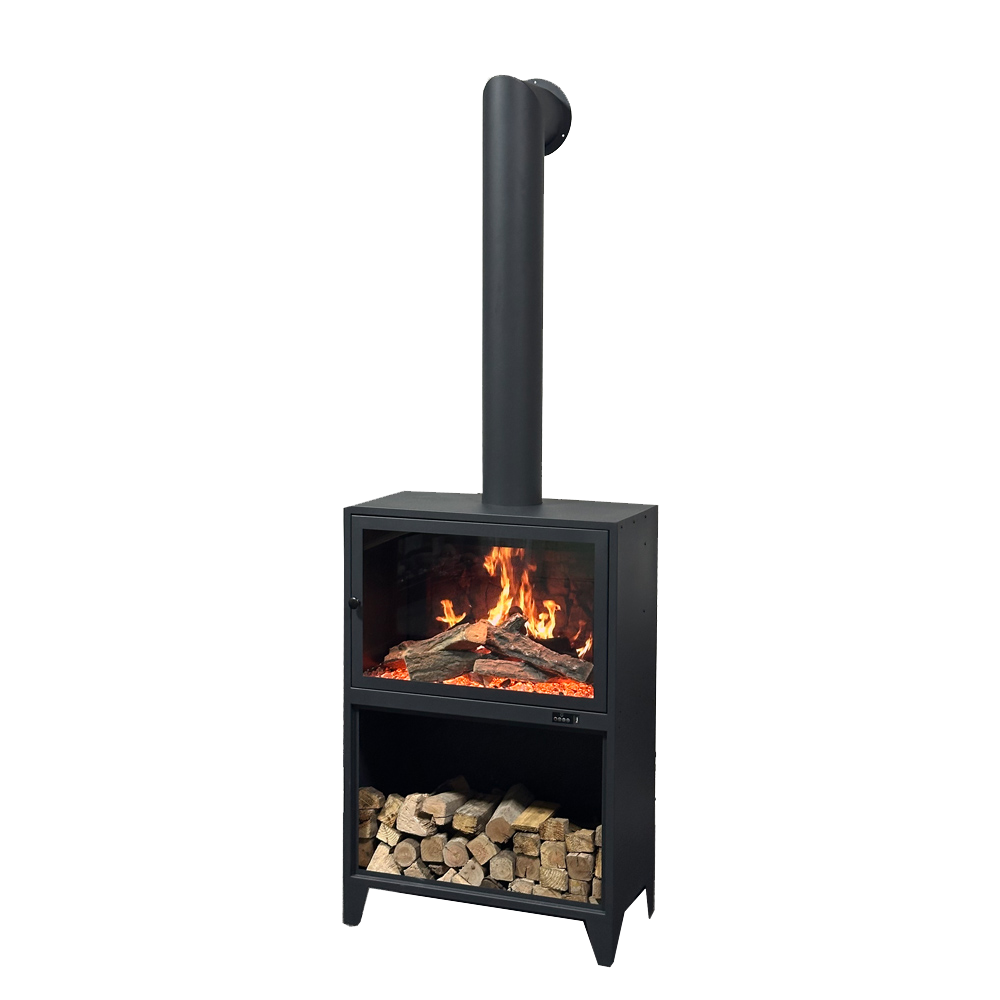 Freestanding electric fireplace with tall black chimney, glass firebox, log-style fuel