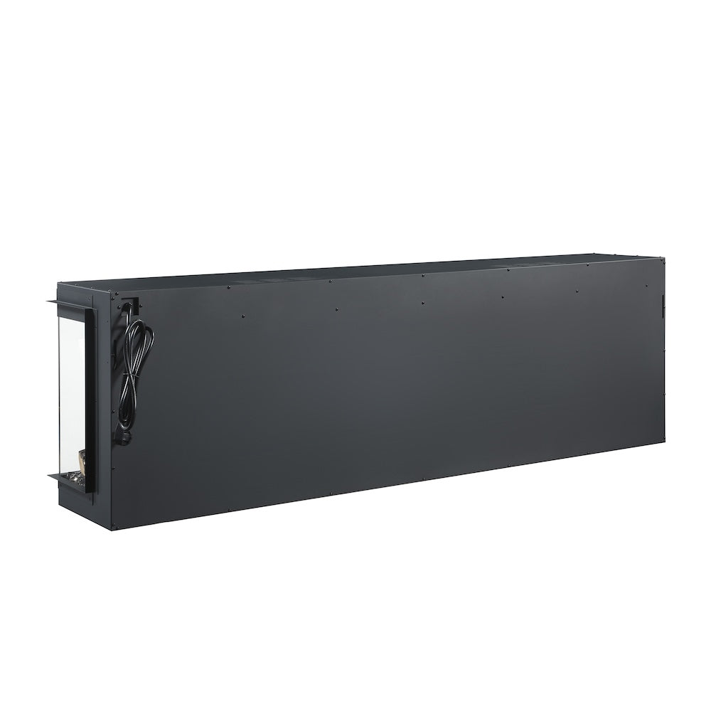 Black electric fireplace housing with side power cord and vented rear panel