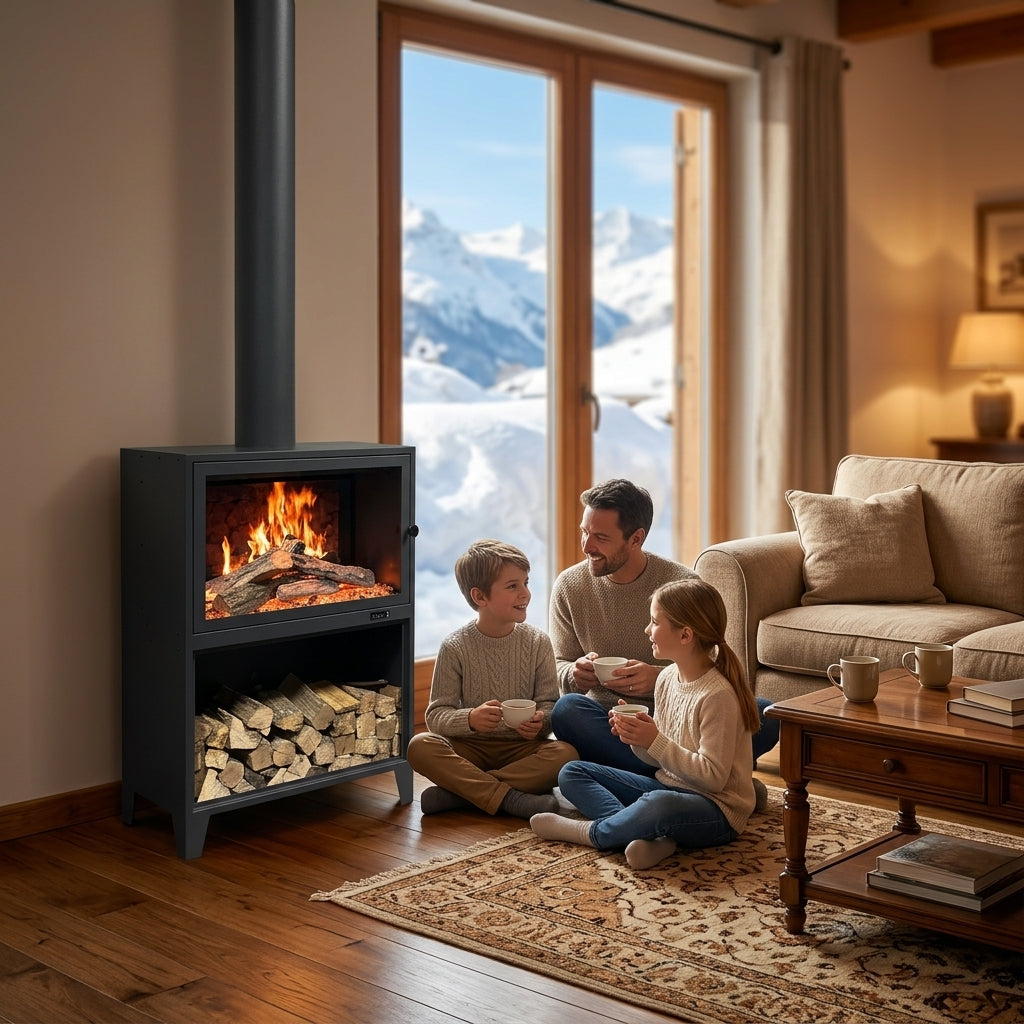 Freestanding electric fireplace in black finish, see-through flame window and log-style fuel